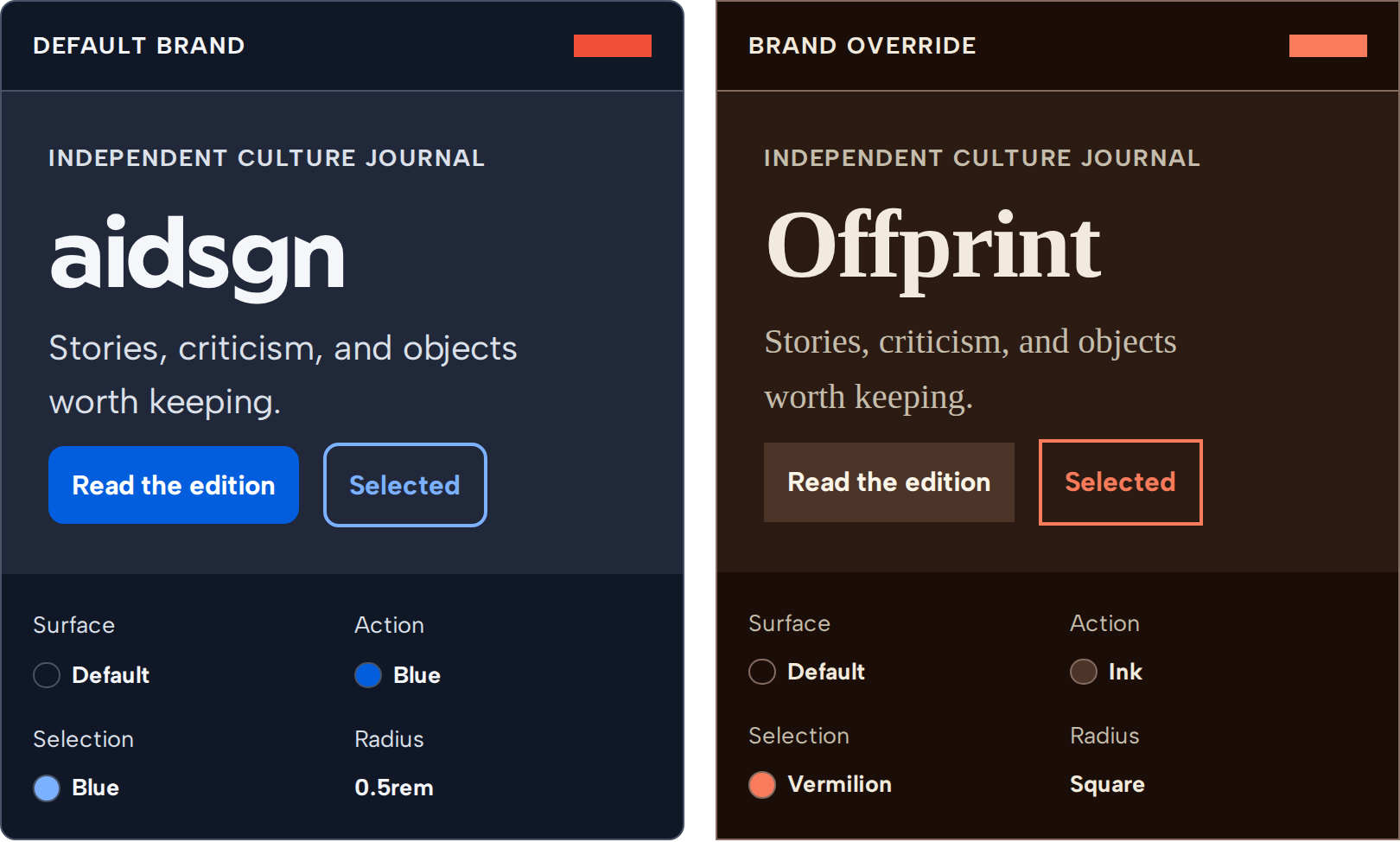 Dark-mode aidsgn and Offprint specimens comparing color, typography, action, selection, and radius tokens.