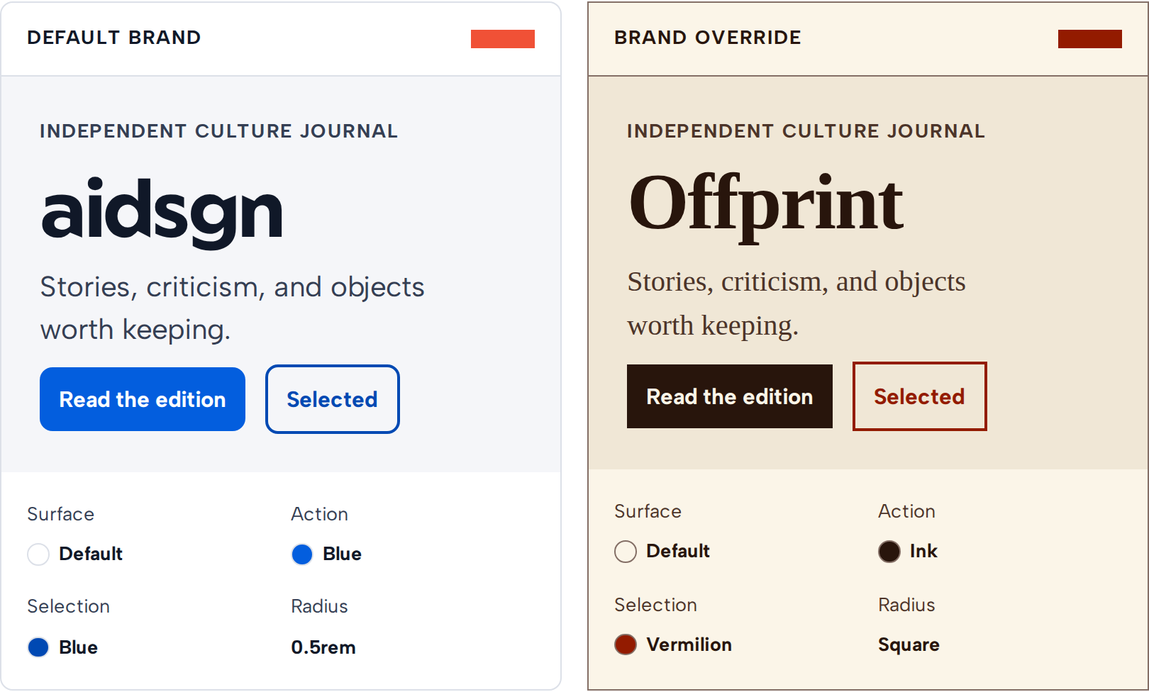 Light-mode aidsgn and Offprint specimens comparing color, typography, action, selection, and radius tokens.