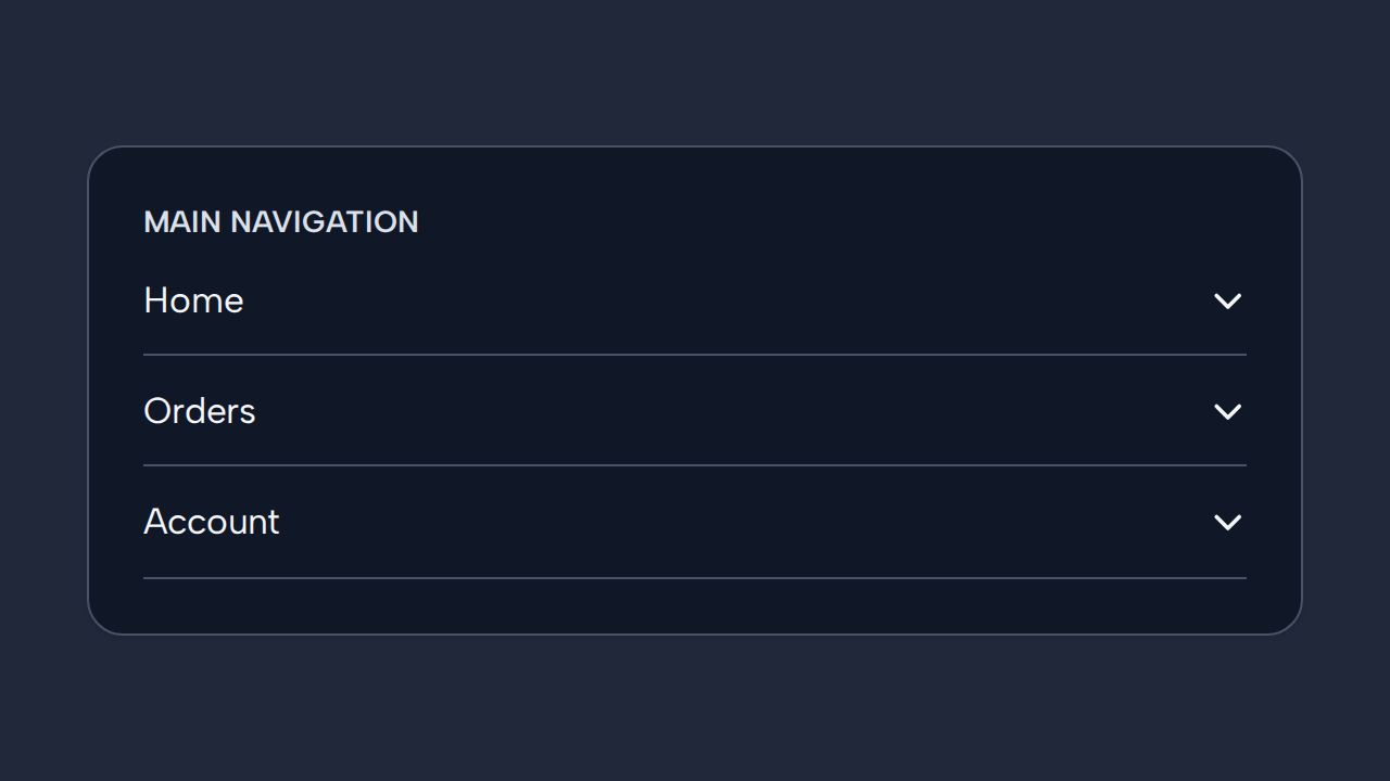 An accordion incorrectly contains destination labels Home, Orders, and Account rather than related disclosure sections.