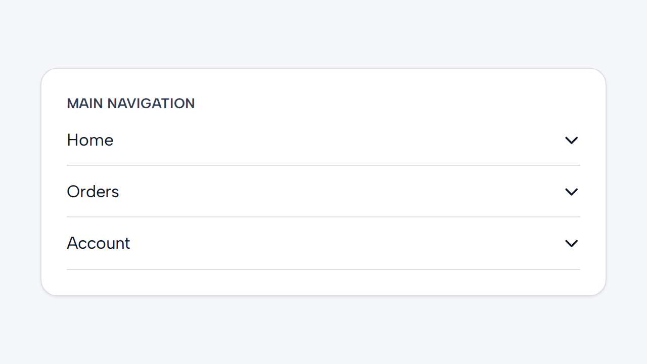 An accordion incorrectly contains destination labels Home, Orders, and Account rather than related disclosure sections.