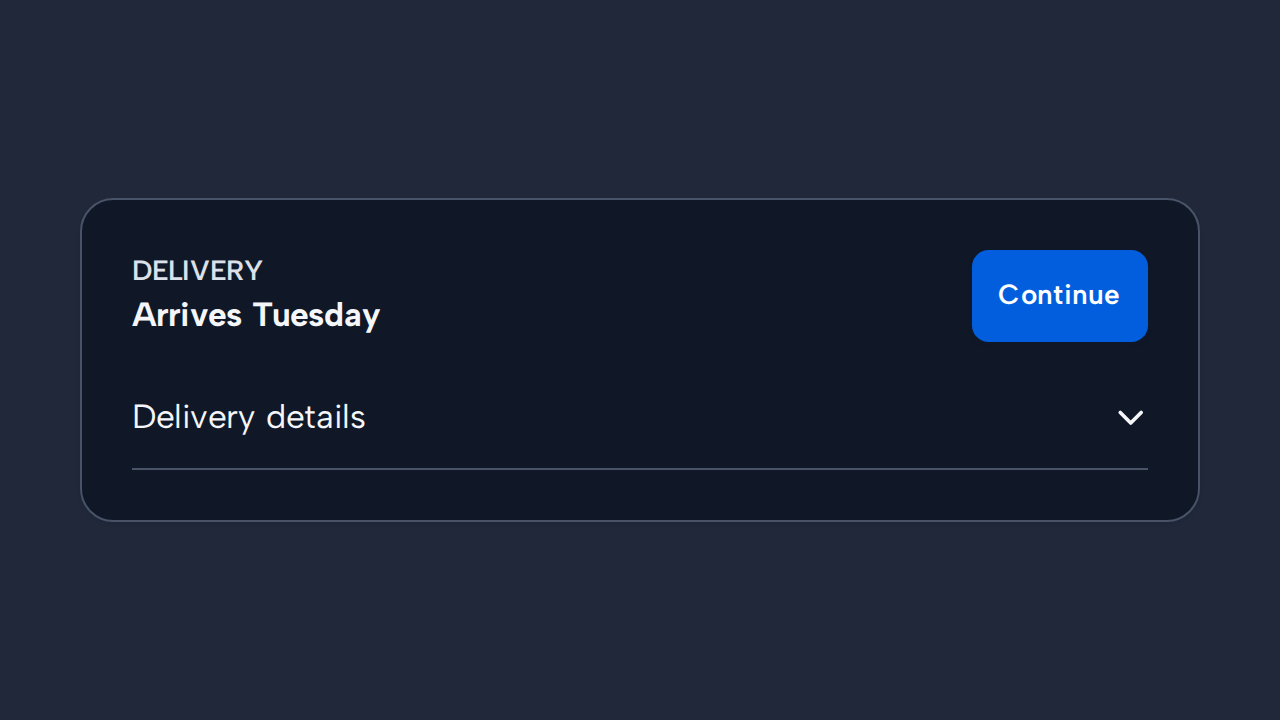 A delivery date and primary Continue button remain visible above an accordion for optional details.