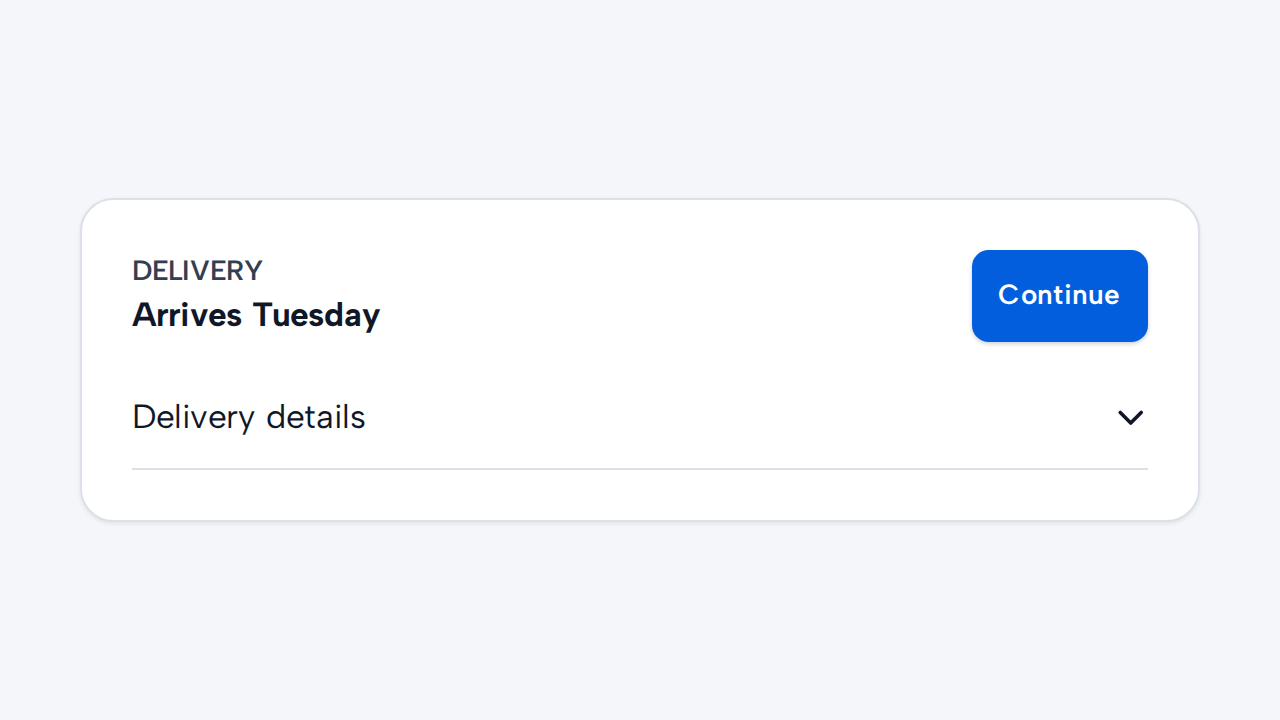 A delivery date and primary Continue button remain visible above an accordion for optional details.