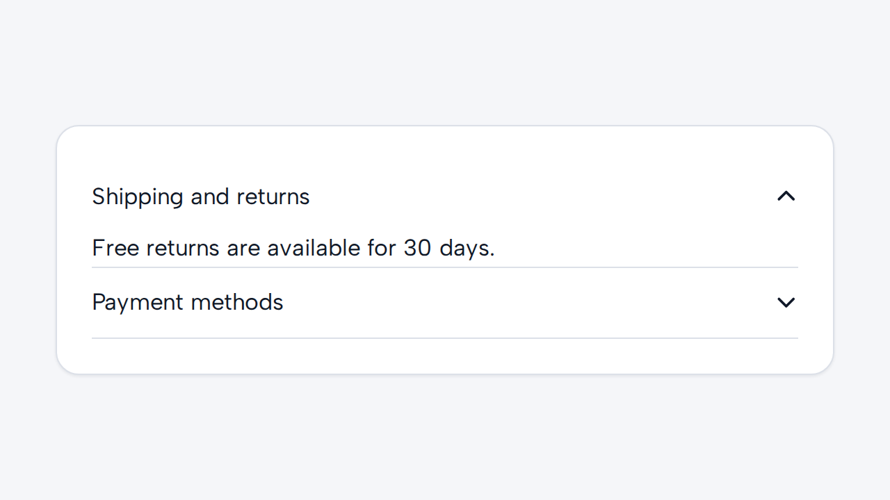 An accordion uses the summaries Shipping and returns and Payment methods to preview each section.