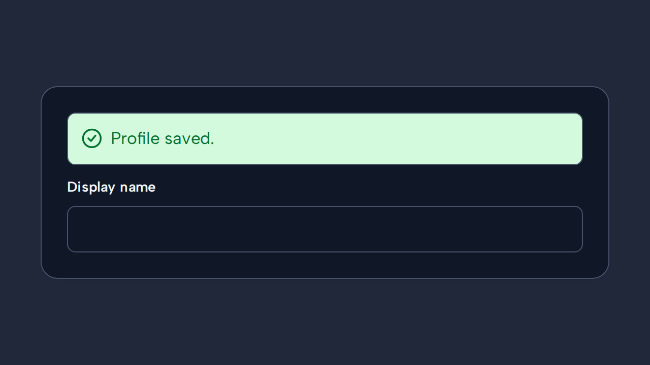 A large success Alert saying Profile saved remains embedded above an editable profile form.