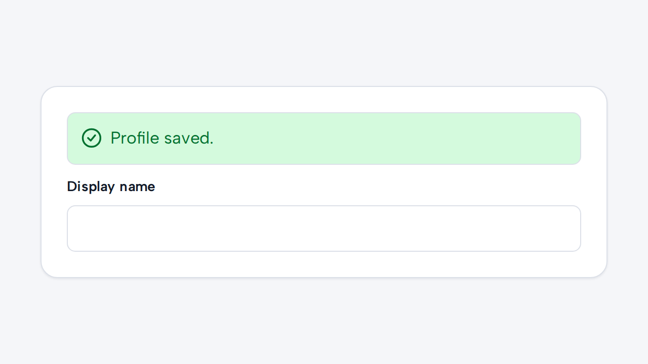 A large success Alert saying Profile saved remains embedded above an editable profile form.