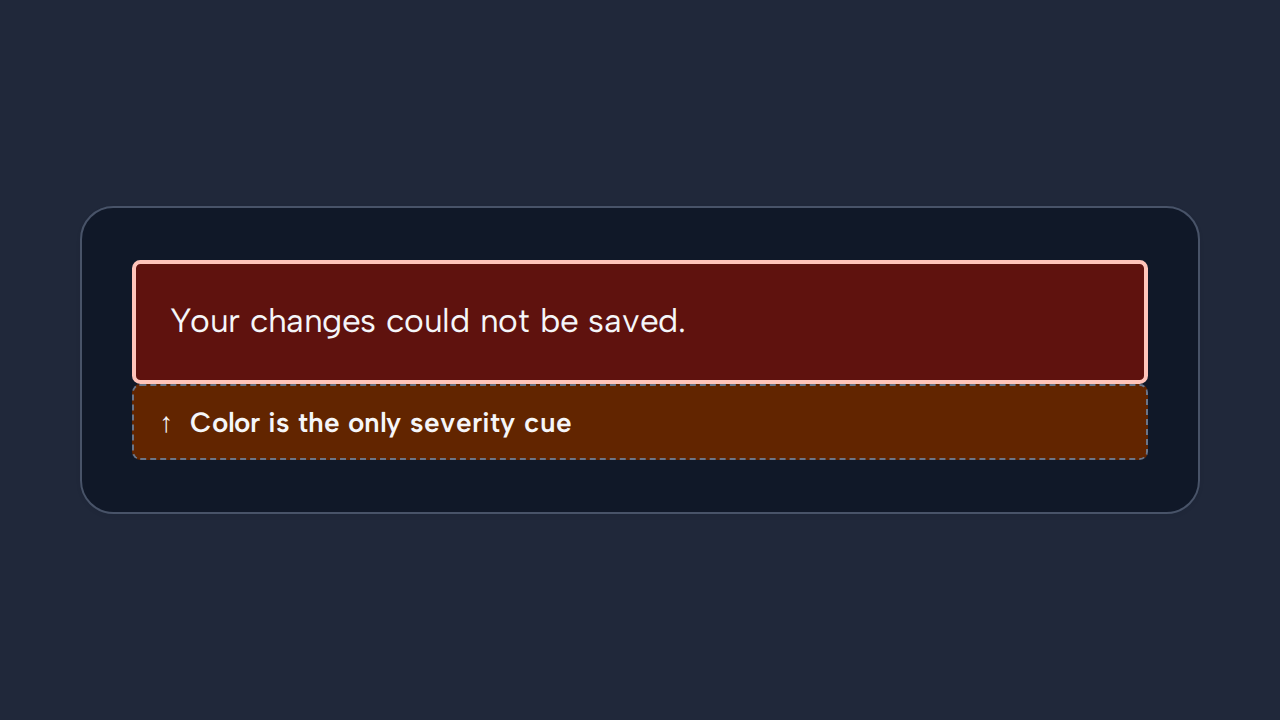 A simulated red message bar has no status icon or explanatory status word and is marked as color only.