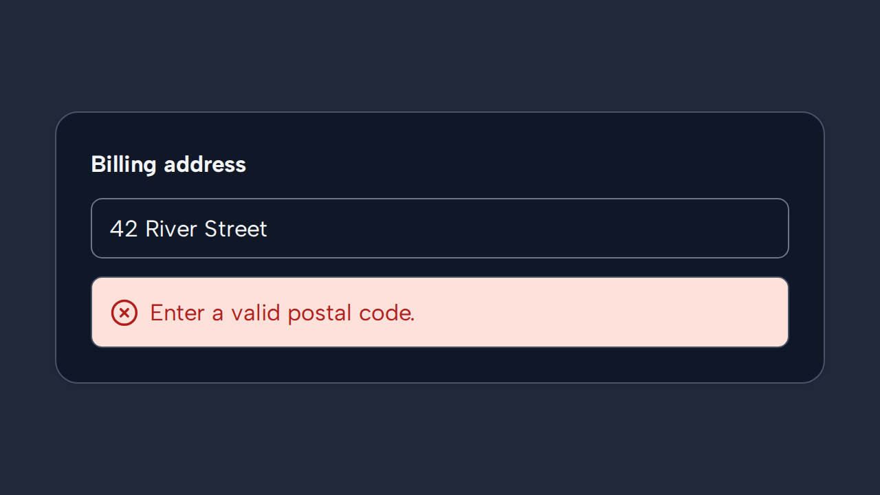 An error Alert appears directly below the Billing address section it describes.