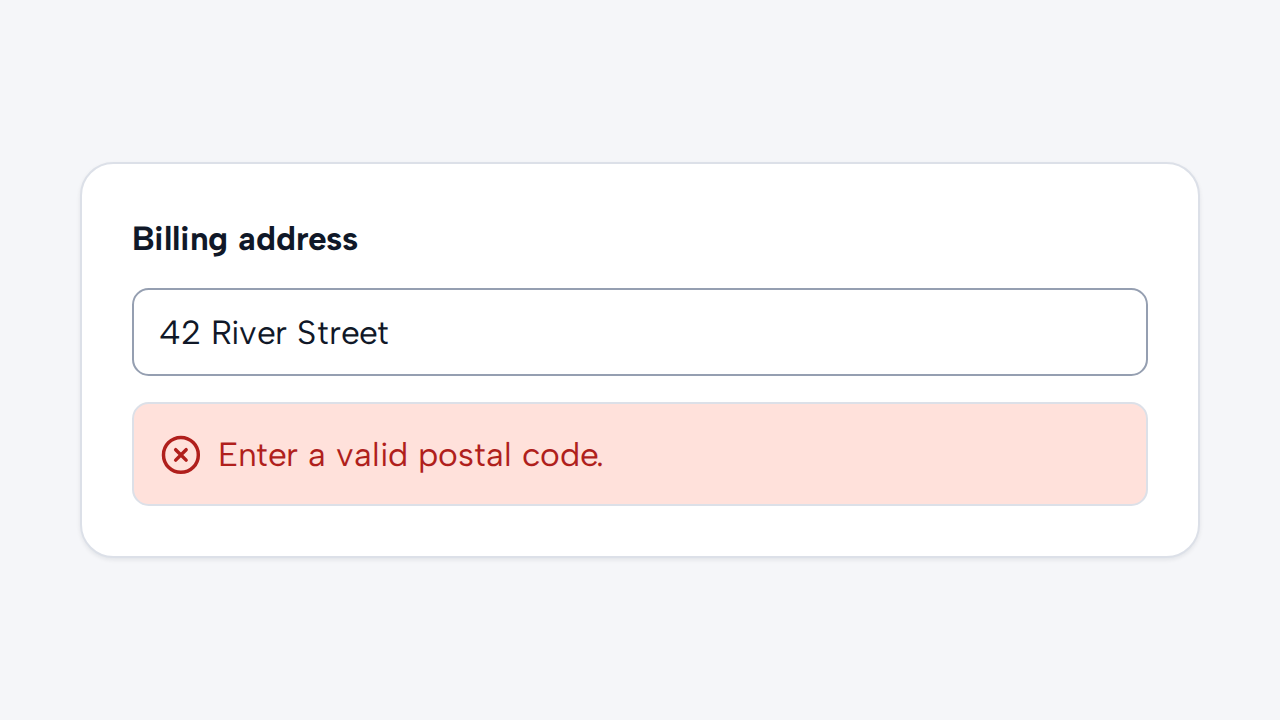 An error Alert appears directly below the Billing address section it describes.