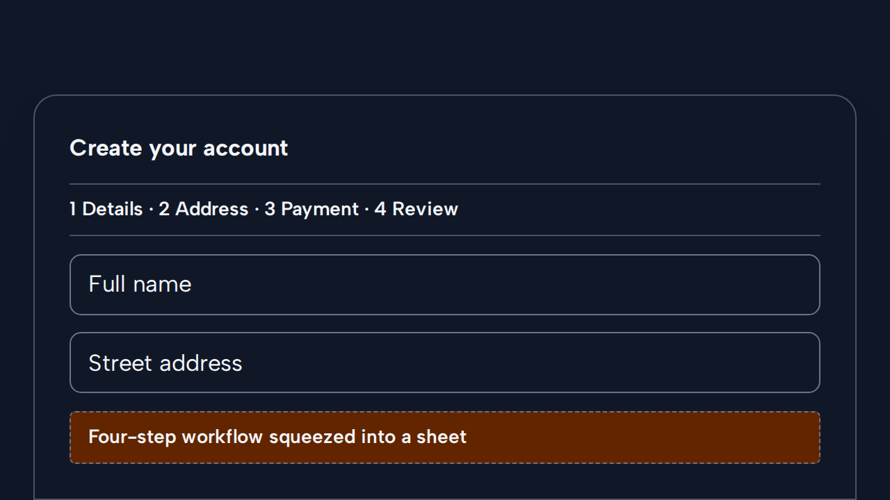 A simulated cramped Bottom Sheet contains four numbered account-setup steps and several fields.