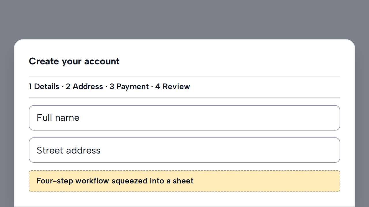 A simulated cramped Bottom Sheet contains four numbered account-setup steps and several fields.