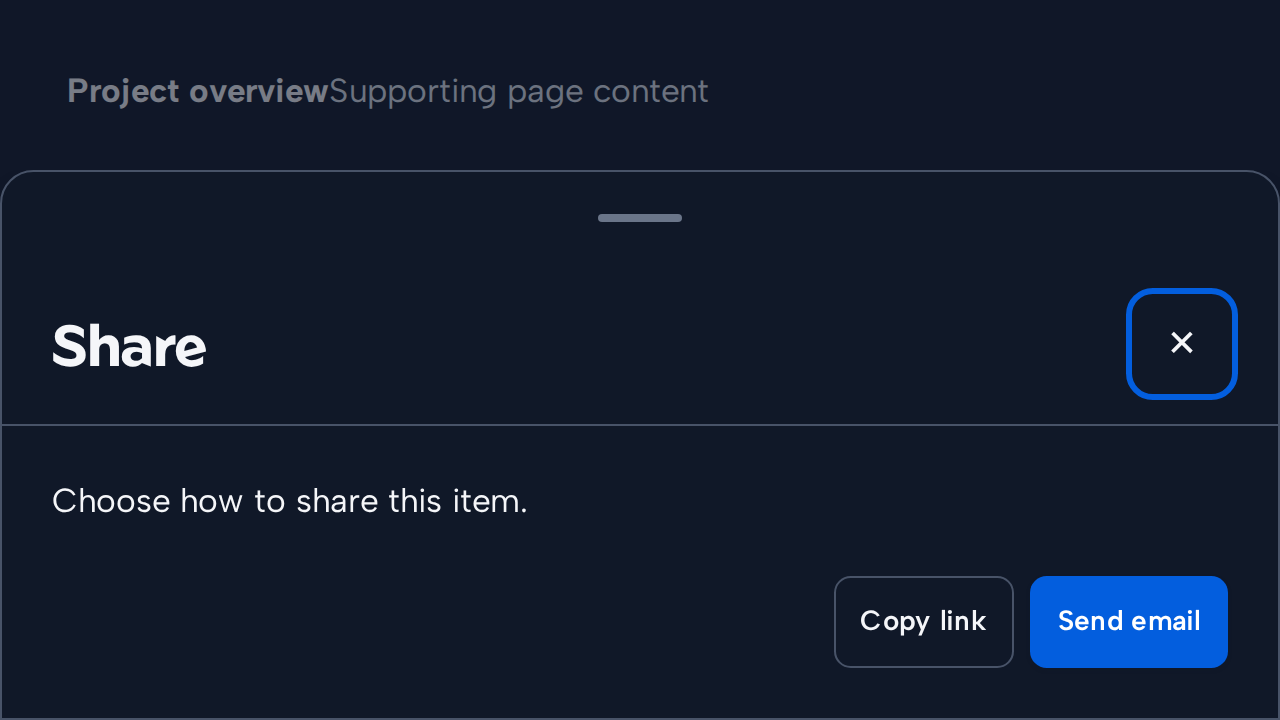 A Bottom Sheet titled Share offers only Copy link and Send email actions.