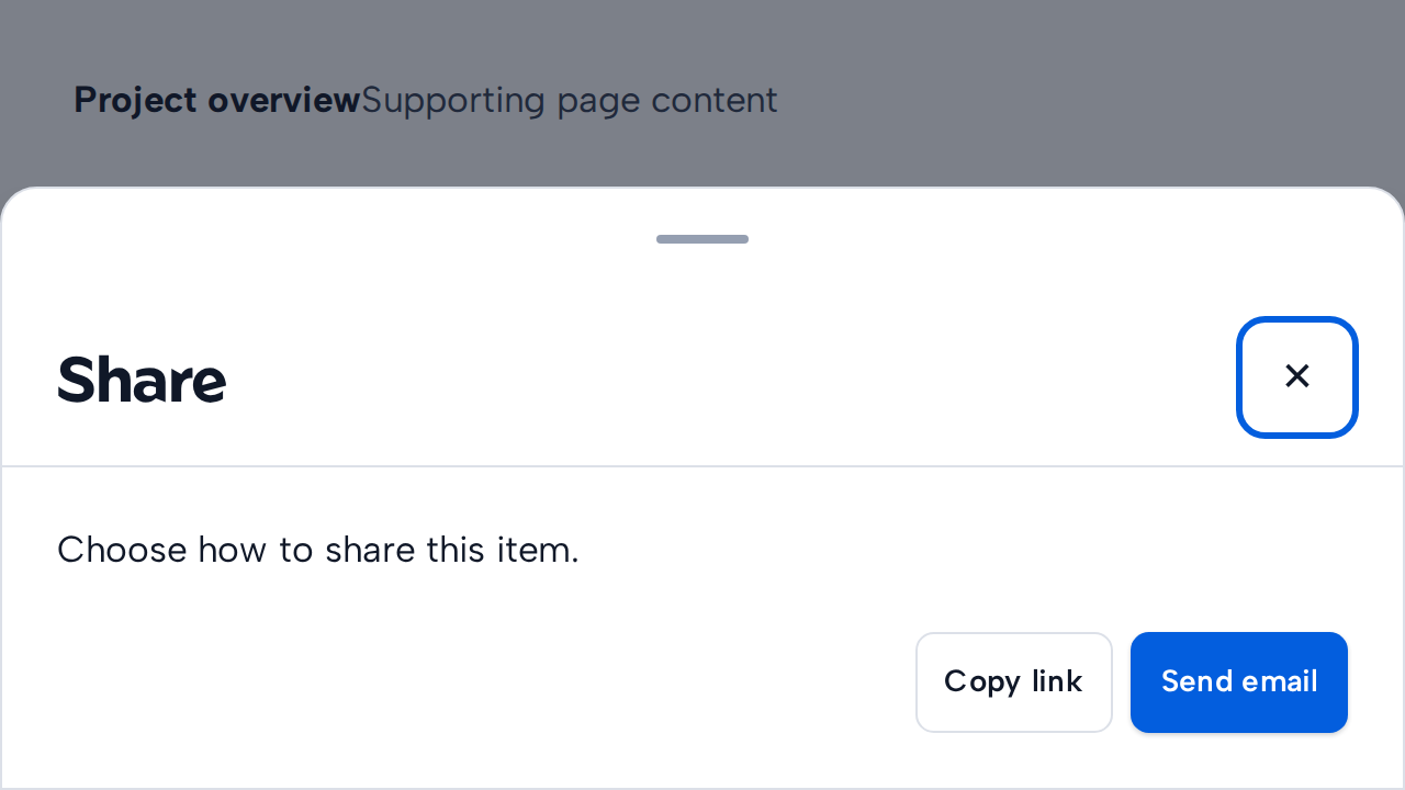 A Bottom Sheet titled Share offers only Copy link and Send email actions.