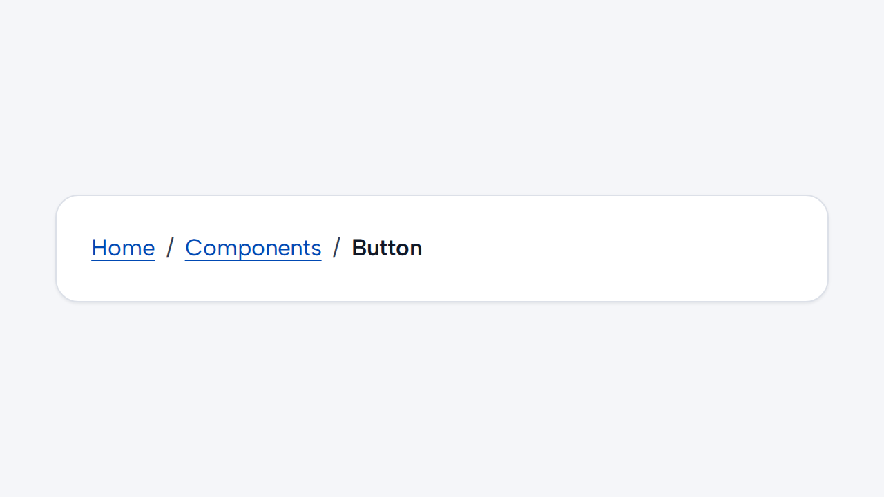 A Breadcrumb follows Home, Components, and Button, with Button shown as the current page.