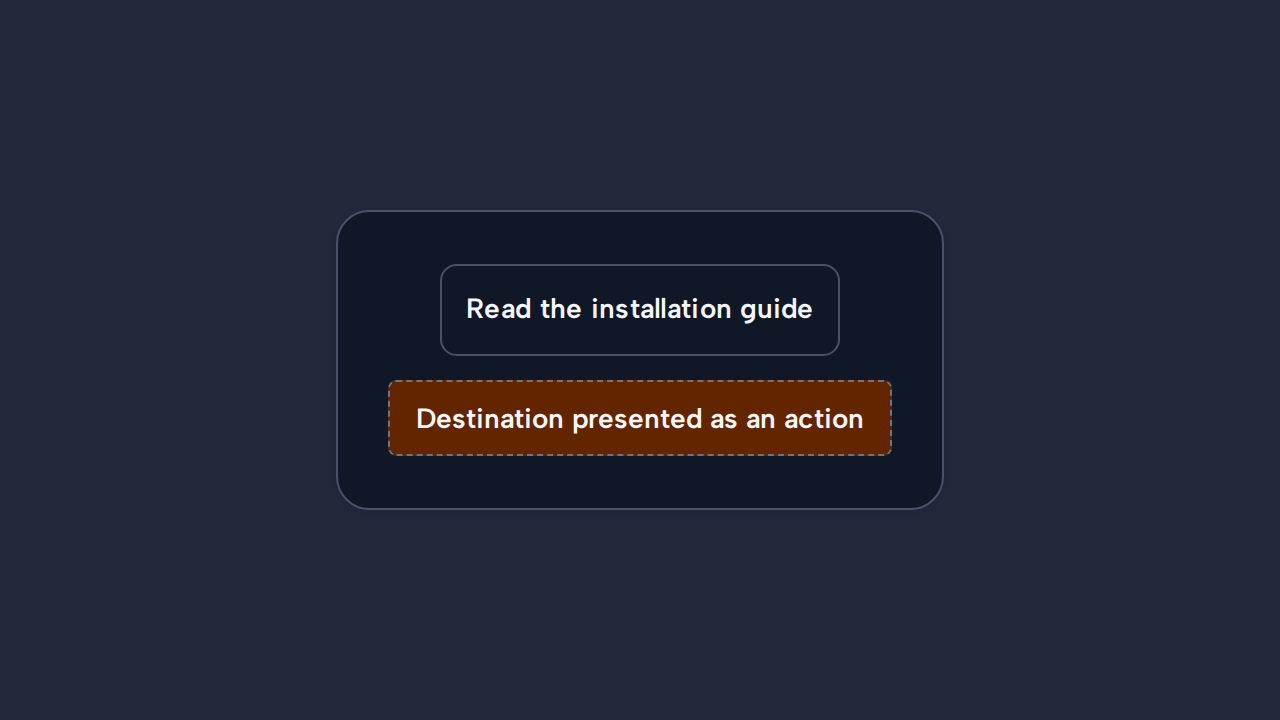 A button incorrectly presents Read the installation guide as an action instead of a link.