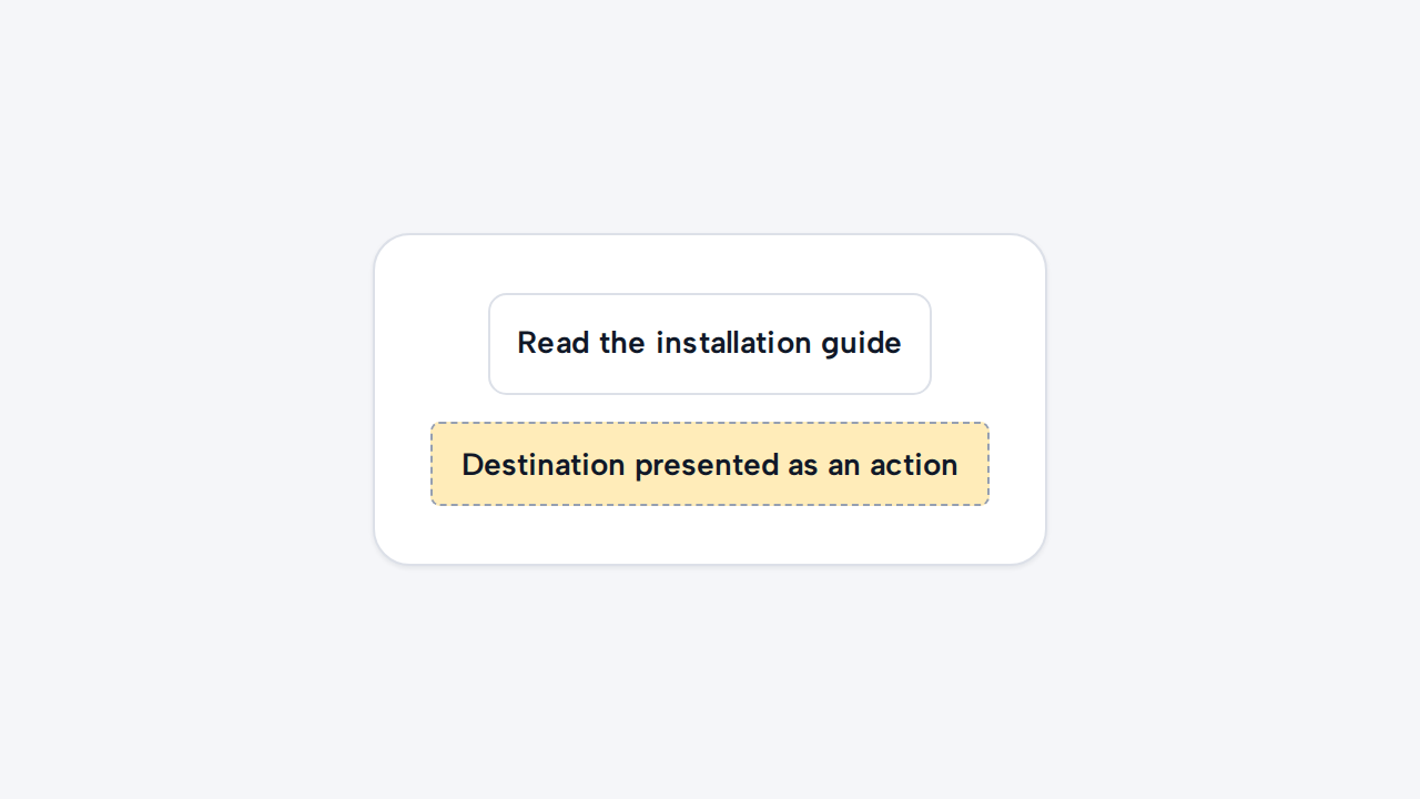 A button incorrectly presents Read the installation guide as an action instead of a link.