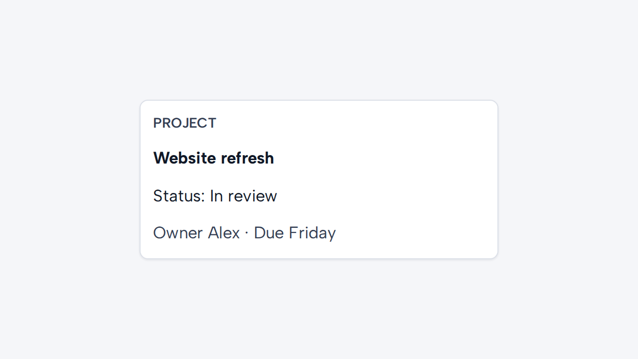 A Card groups a project name, status, owner, and due date for one coherent project.
