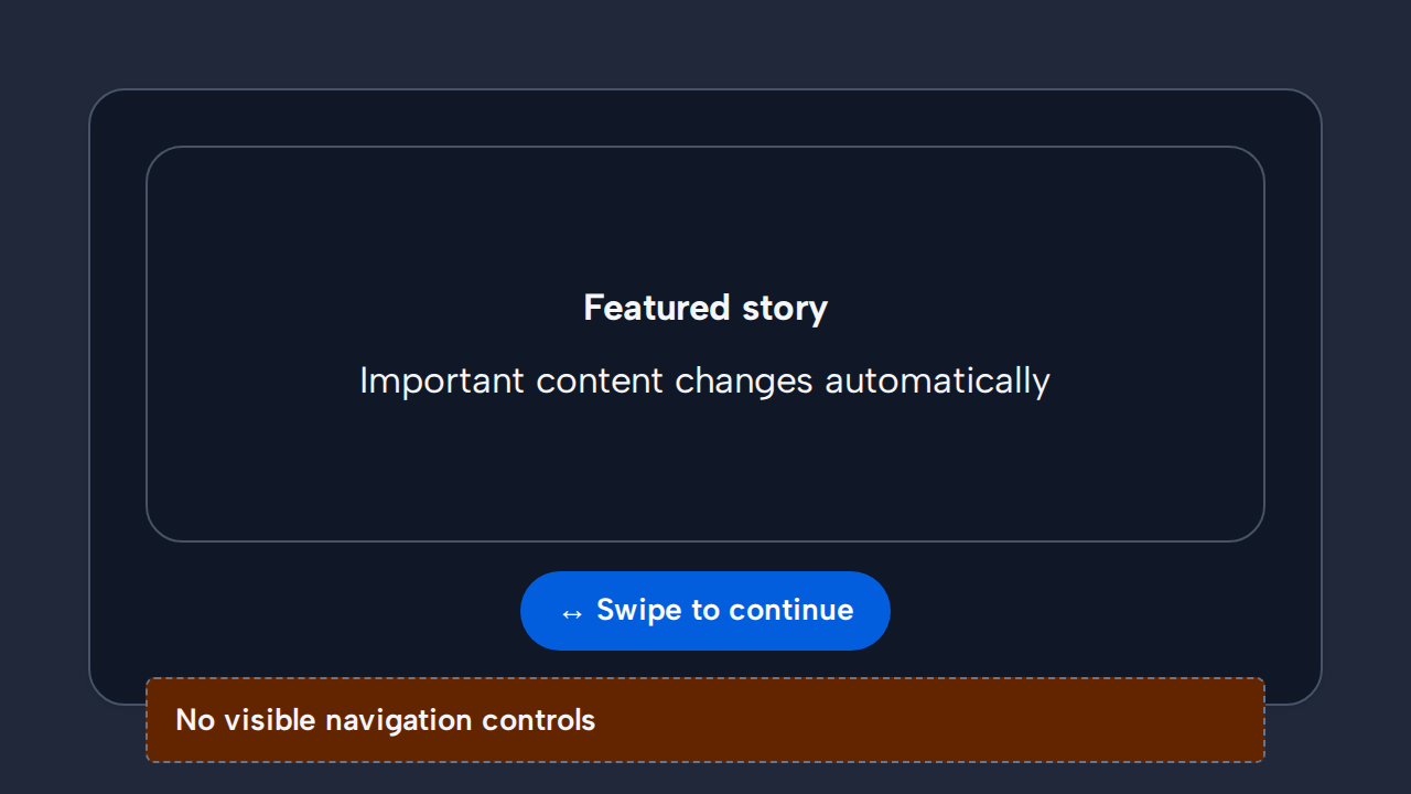 A simulated Carousel slide is overlaid with Swipe to continue while no previous or next controls are visible.
