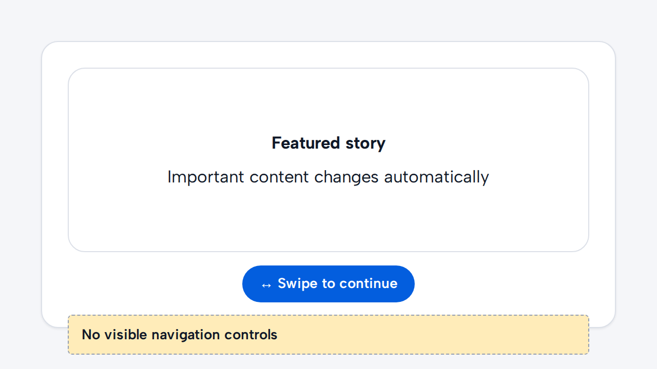 A simulated Carousel slide is overlaid with Swipe to continue while no previous or next controls are visible.