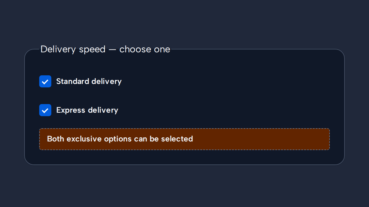 Two Checkbox options, Standard delivery and Express delivery, are both checked despite being mutually exclusive.