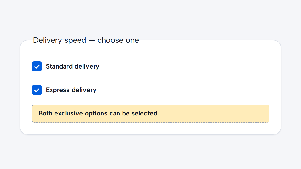 Two Checkbox options, Standard delivery and Express delivery, are both checked despite being mutually exclusive.