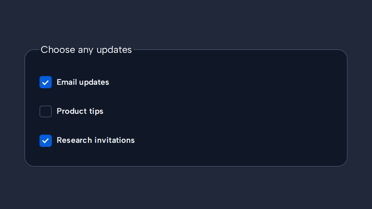 Three independent Checkbox options allow Email updates and Product tips to be selected separately.