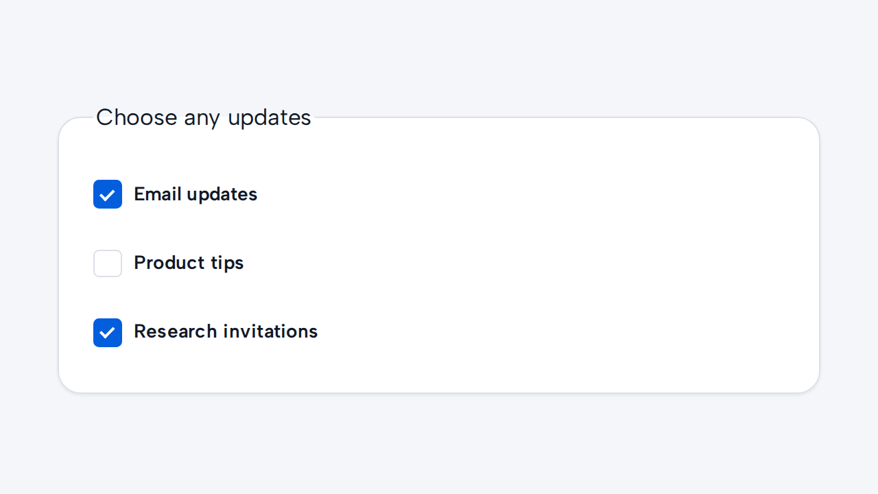 Three independent Checkbox options allow Email updates and Product tips to be selected separately.
