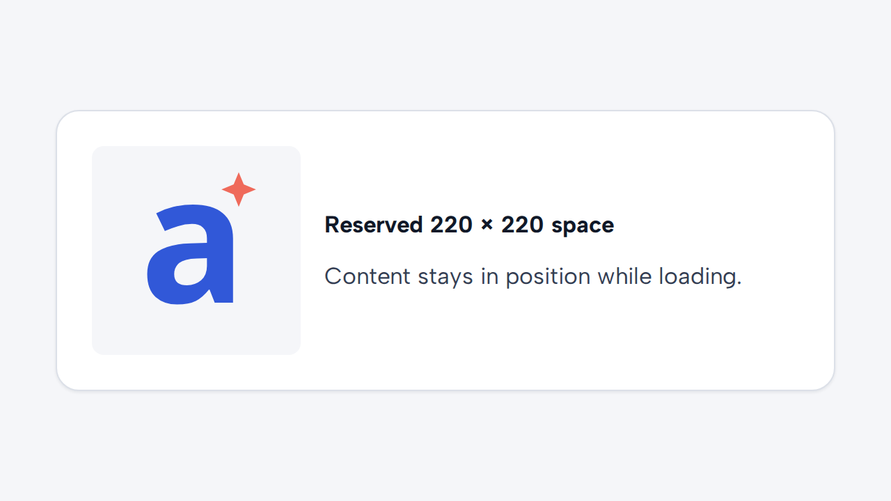 An image placeholder reserves a stable square beside text using explicit width and height dimensions.