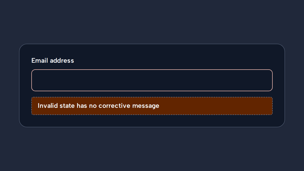 An invalid Email address Input has a red border but no message explaining what is wrong or how to fix it.