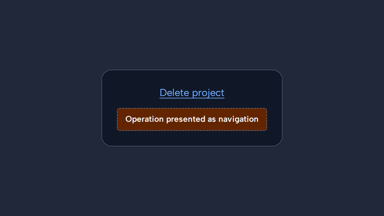 A Delete project Link is incorrectly used for an in-page destructive action.