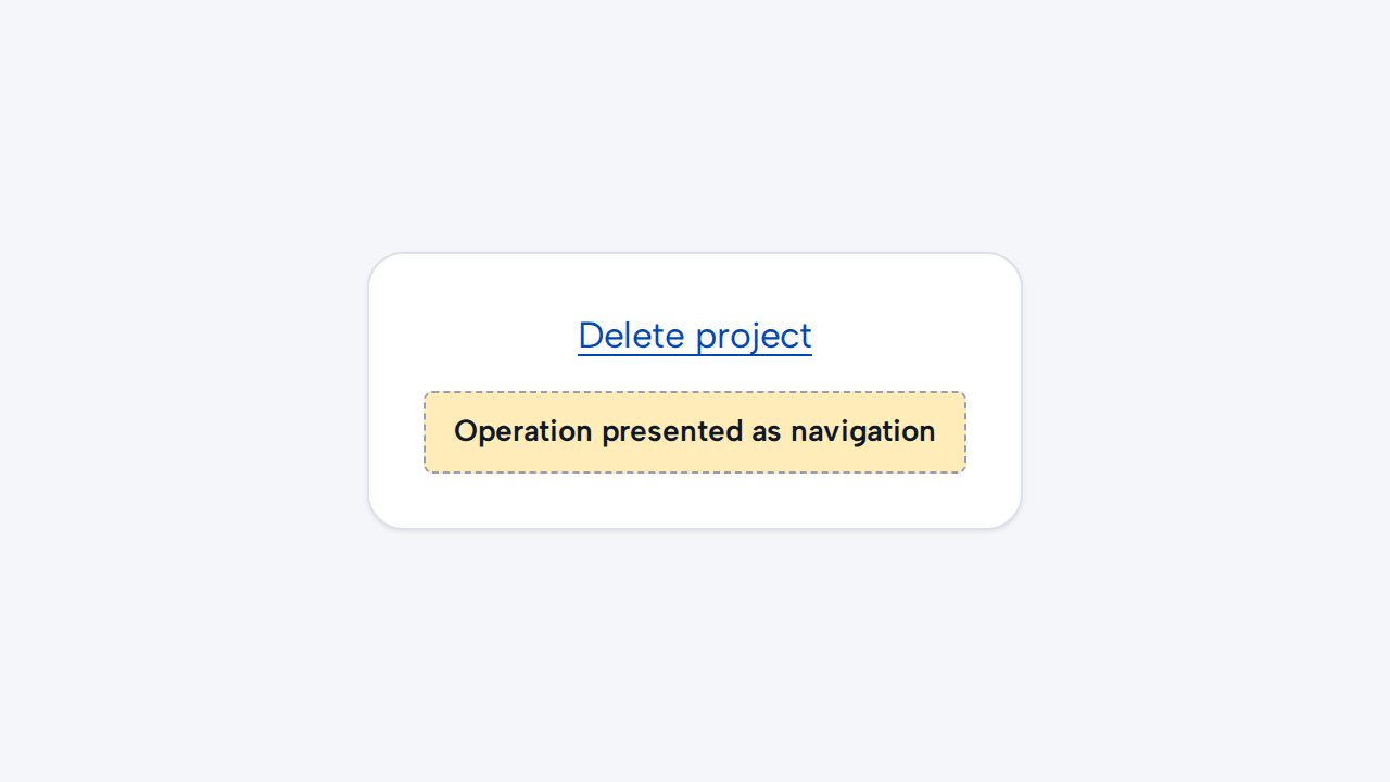 A Delete project Link is incorrectly used for an in-page destructive action.