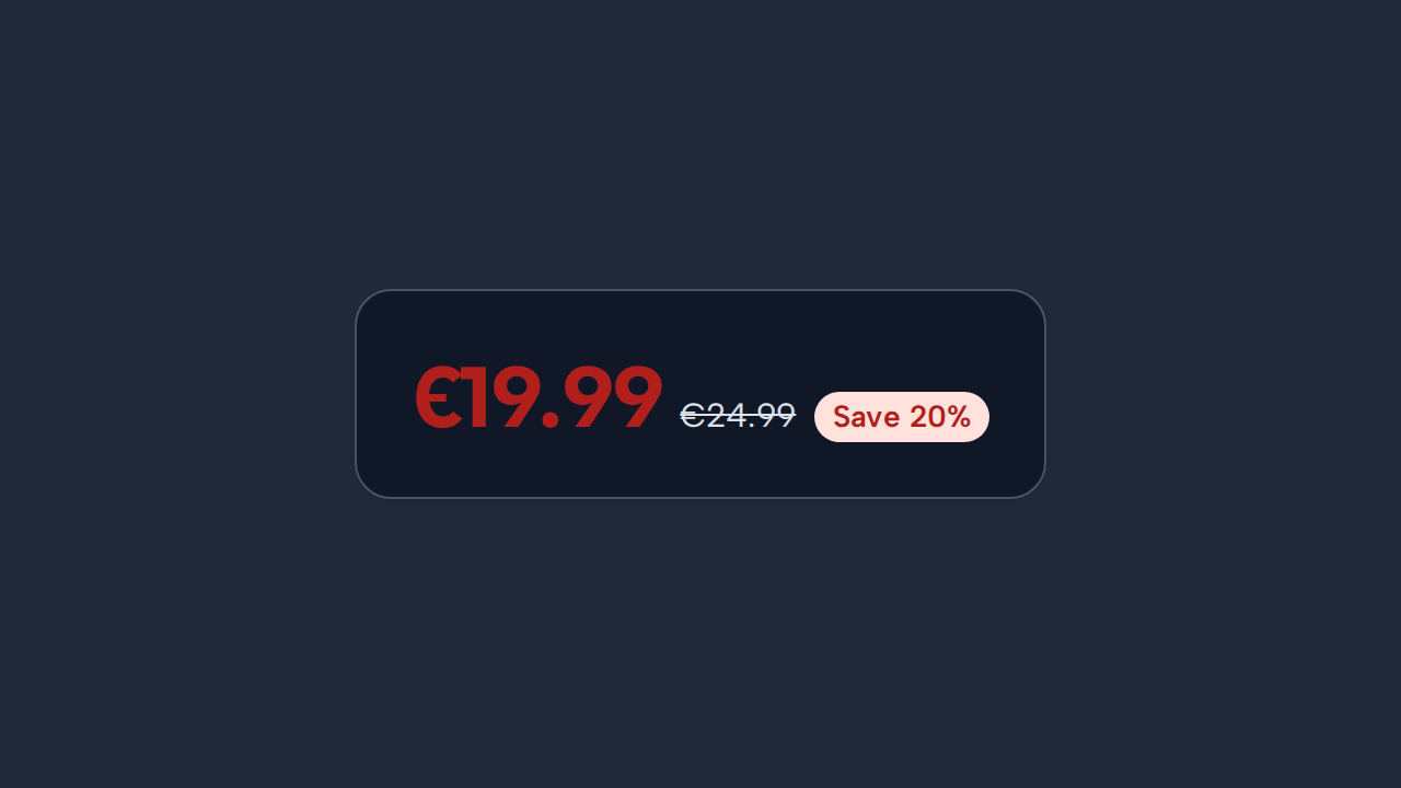 A sale Price shows €19.99, the original €24.99 value, and the text Save 20 percent.