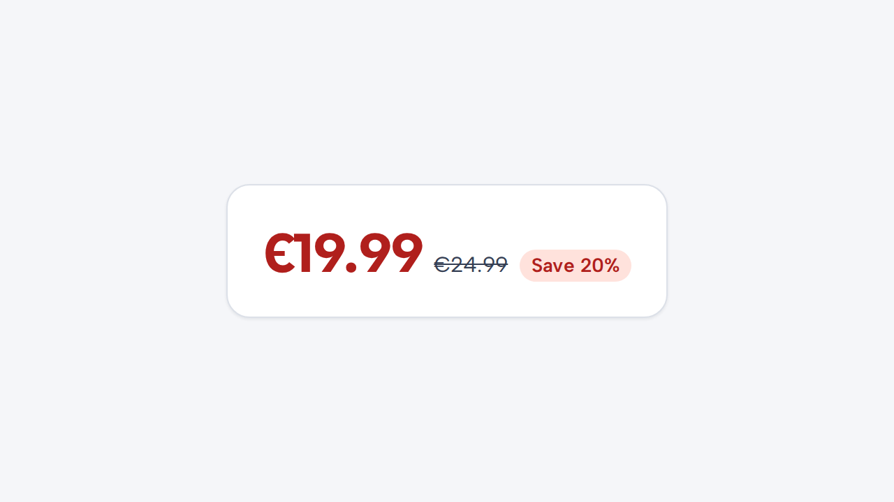 A sale Price shows €19.99, the original €24.99 value, and the text Save 20 percent.