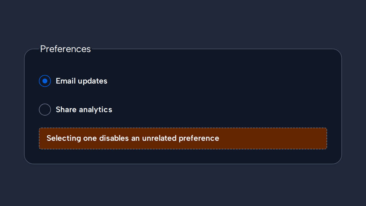 Unrelated Email updates and Share analytics preferences are incorrectly presented as one mutually exclusive Radio group.
