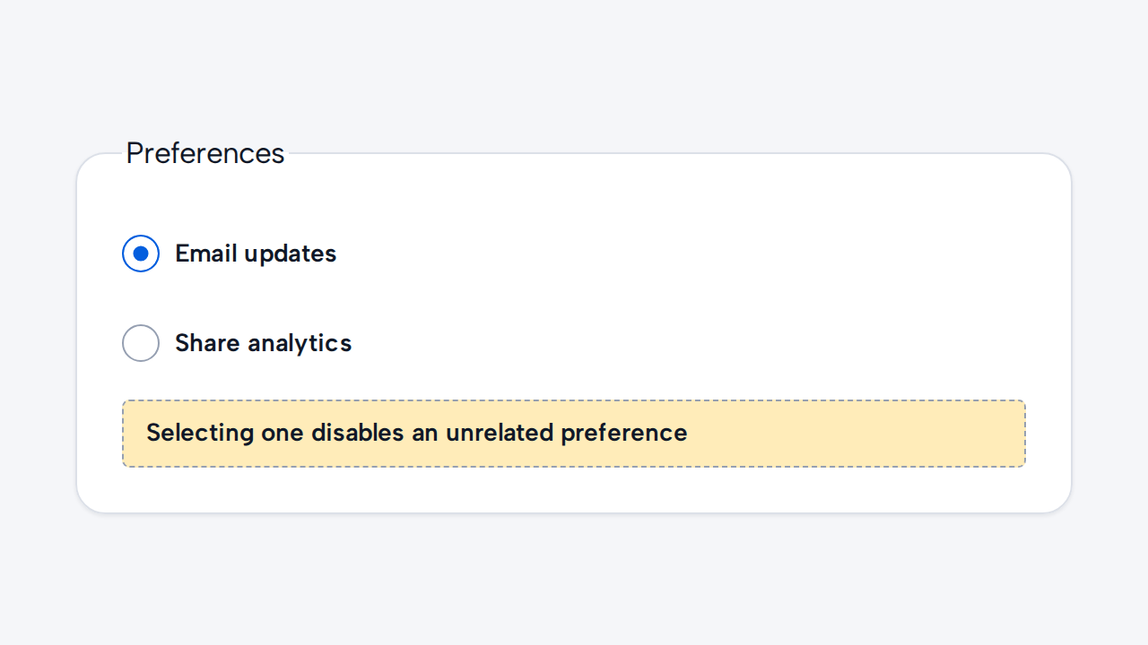 Unrelated Email updates and Share analytics preferences are incorrectly presented as one mutually exclusive Radio group.
