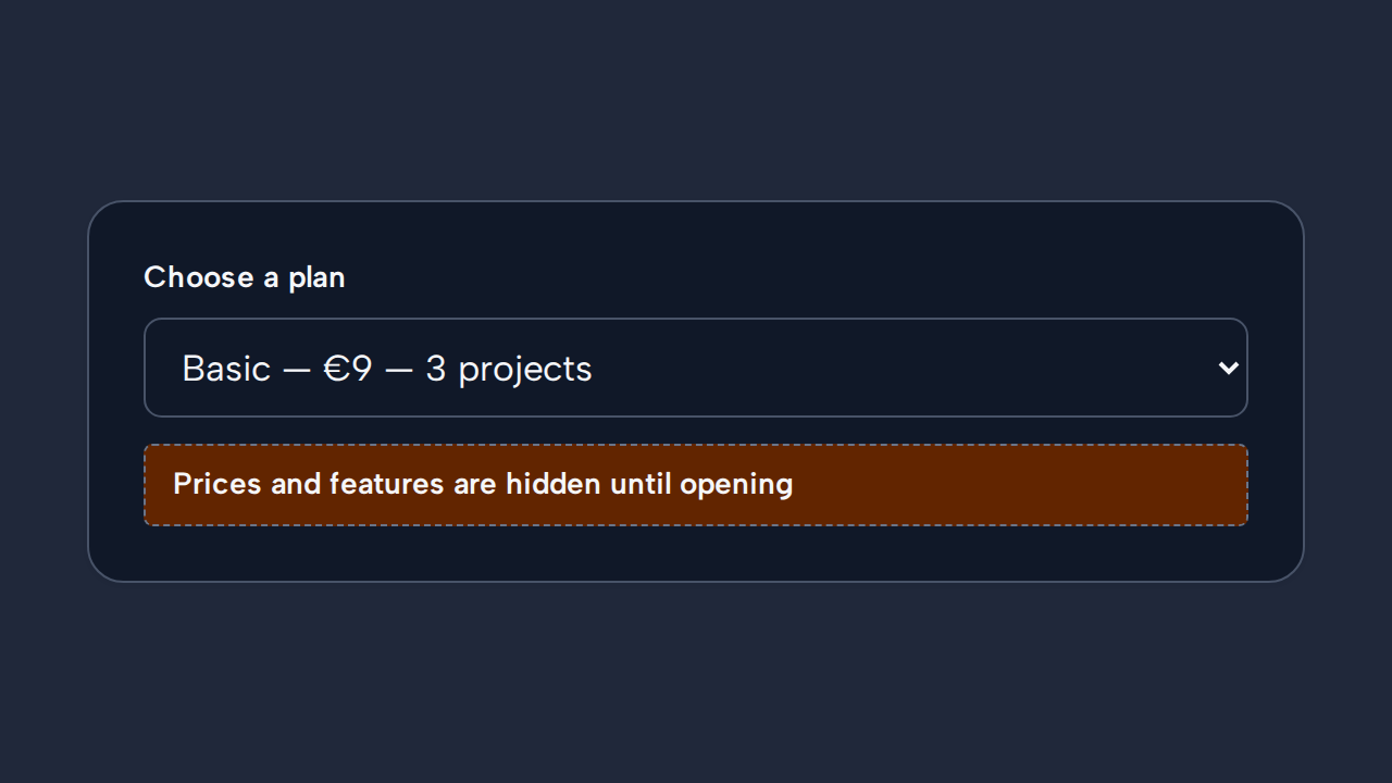 A Select labelled Choose a plan hides Basic, Pro, and Team options whose prices and features need comparison.