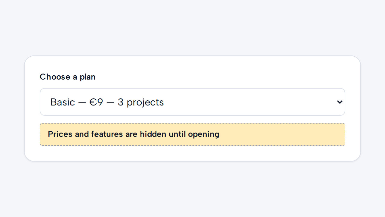 A Select labelled Choose a plan hides Basic, Pro, and Team options whose prices and features need comparison.