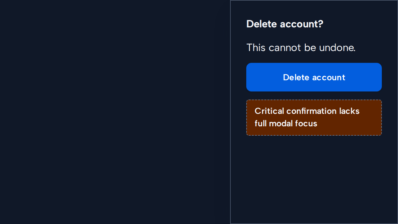 A narrow Side Sheet asks for a critical Delete account confirmation while the underlying page remains visible.