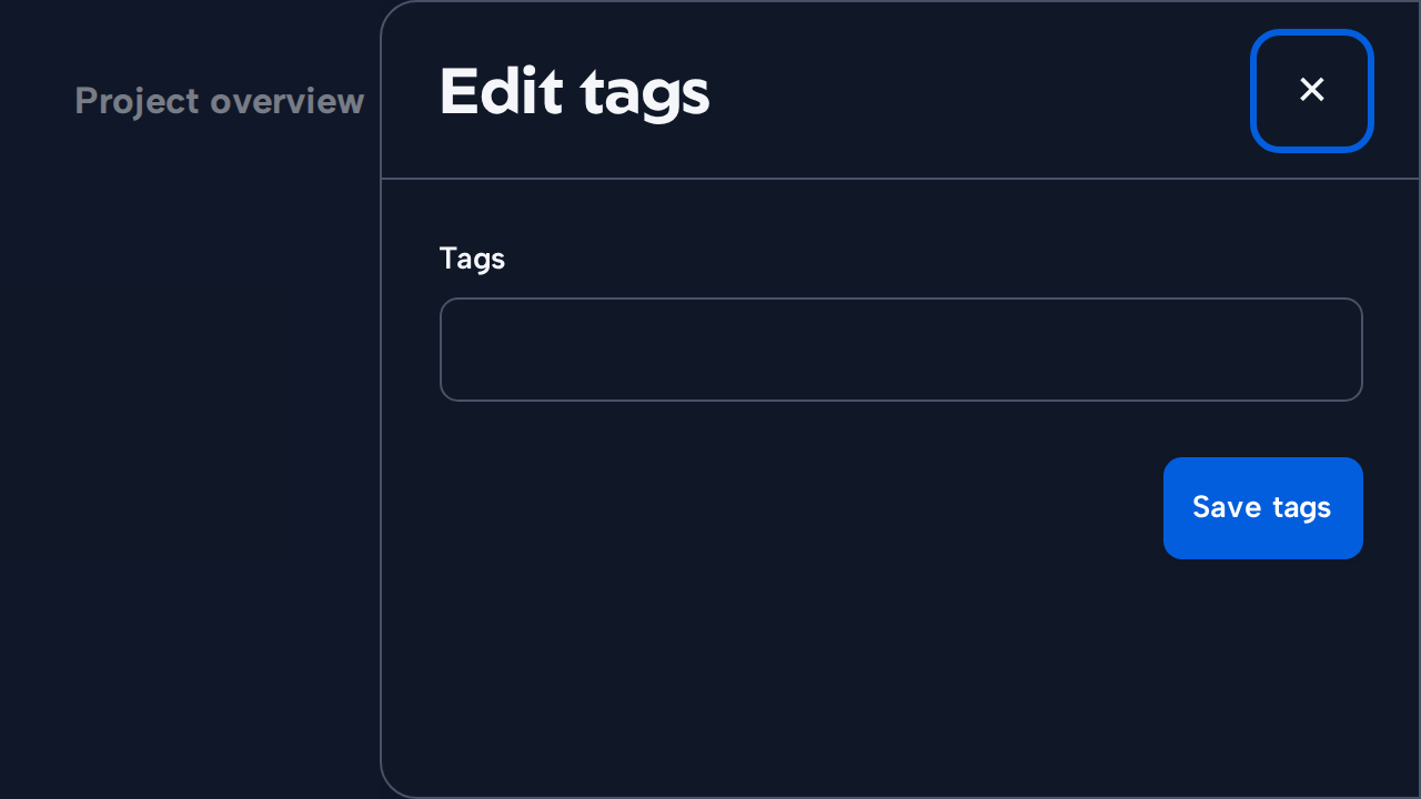 A Side Sheet titled Edit tags contains only a short tag field and Save tags action.