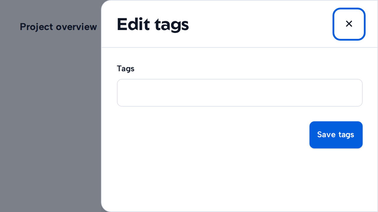 A Side Sheet titled Edit tags contains only a short tag field and Save tags action.