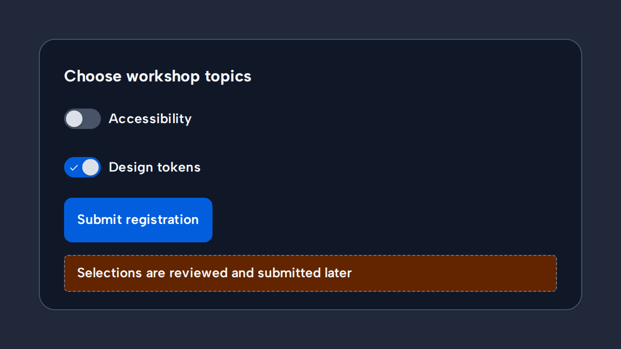 Three Switches select workshop topics above a separate Submit registration button.