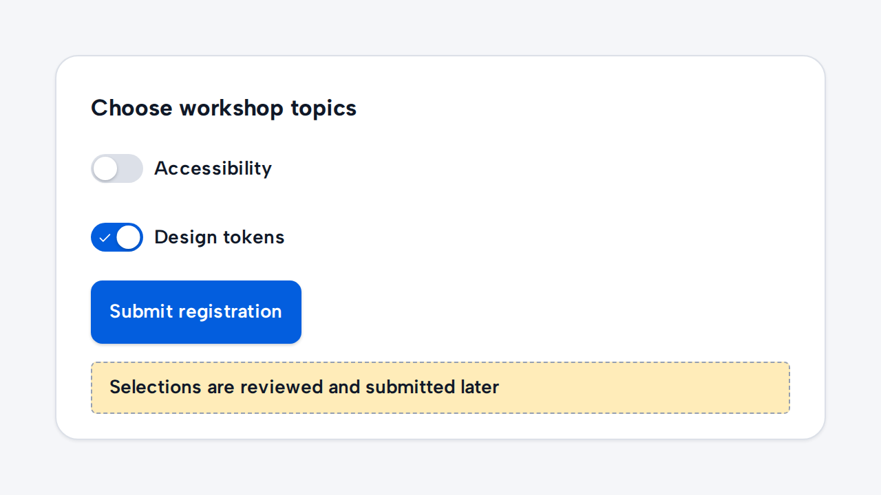 Three Switches select workshop topics above a separate Submit registration button.
