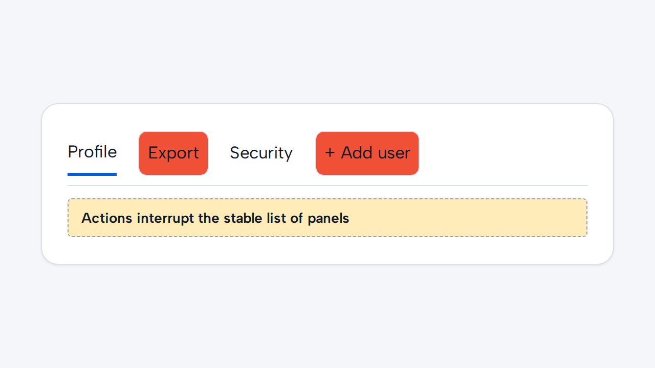 A tablist contains unrelated Export and Add user actions between Profile and Security tabs.