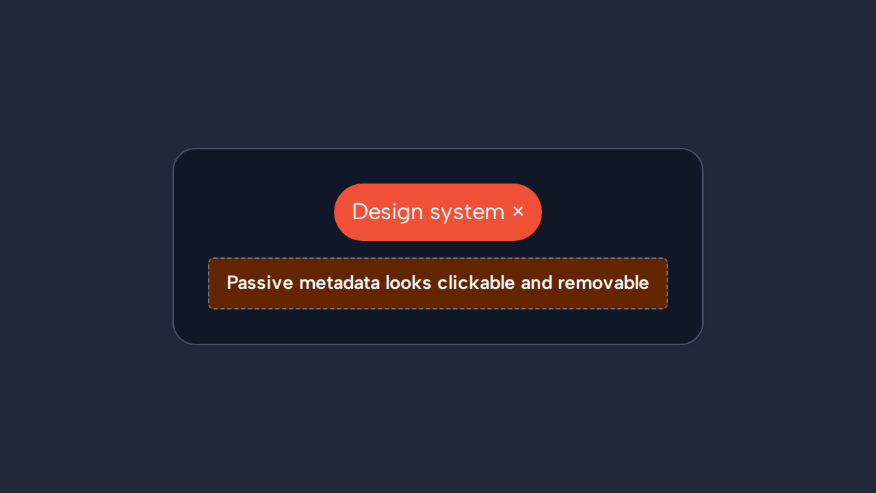A Tag labelled Design system incorrectly includes a pointer cursor and remove symbol.