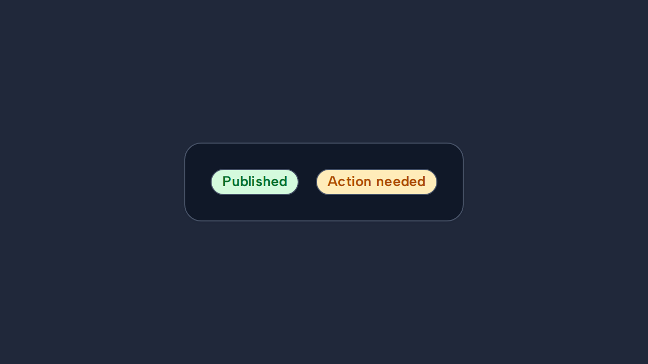 Published uses a success Tag and Action needed uses a warning Tag.