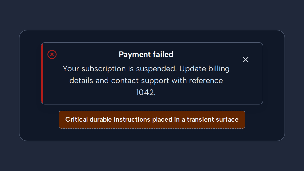 A small Toast contains a long payment failure message with account-blocking instructions.