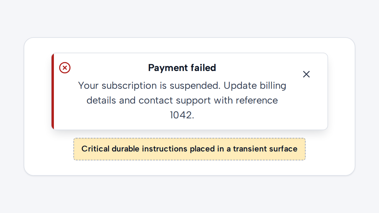 A small Toast contains a long payment failure message with account-blocking instructions.